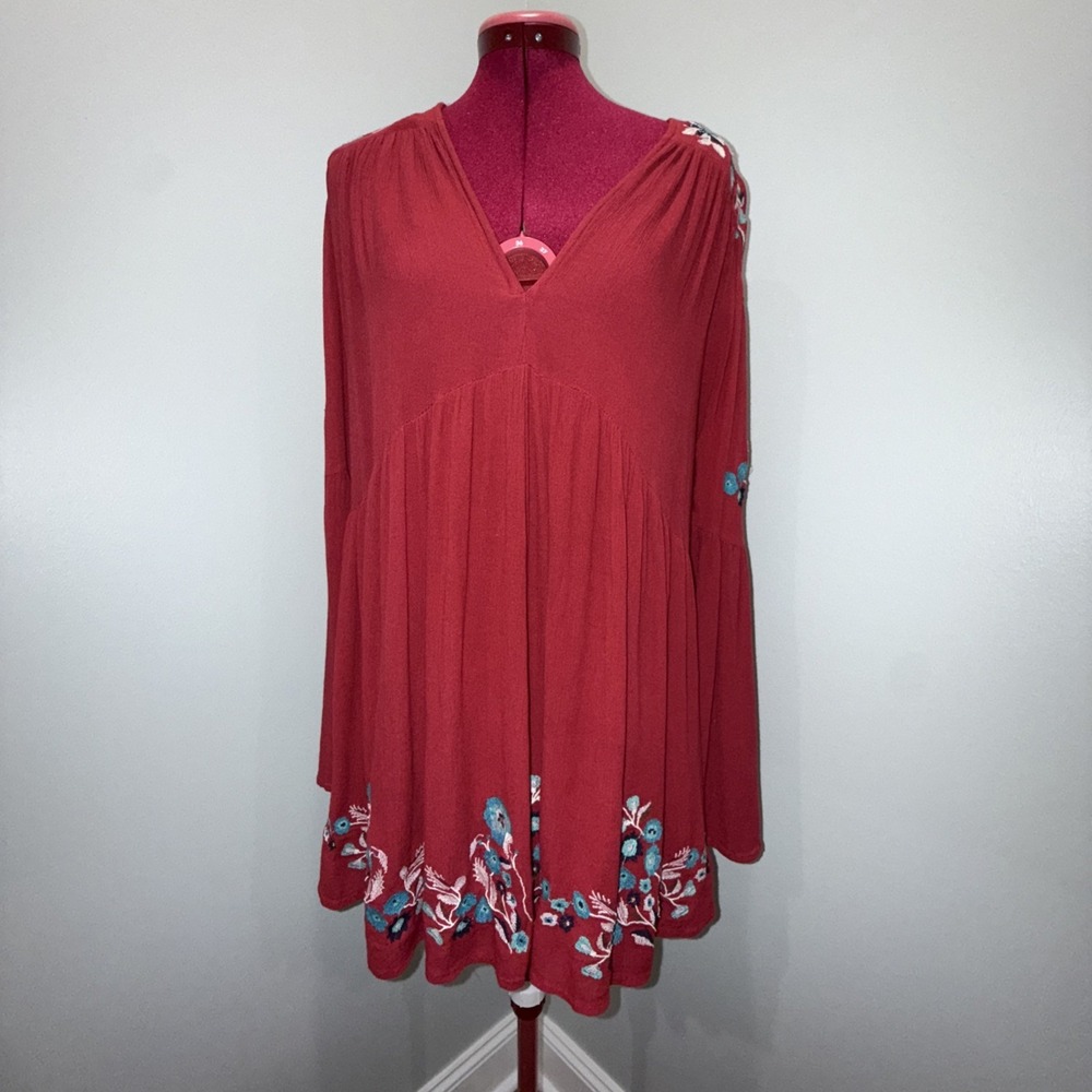 Free People Te Amo Small Mini Dress‎ Red Spring Embroidered Oversized Flared